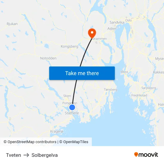 Tveten to Solbergelva map
