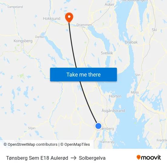 Tønsberg Sem E18 Aulerød to Solbergelva map