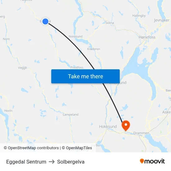 Eggedal Sentrum to Solbergelva map