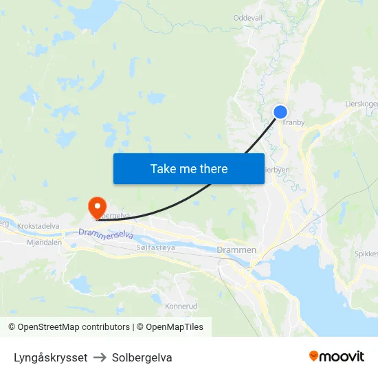 Lyngåskrysset to Solbergelva map
