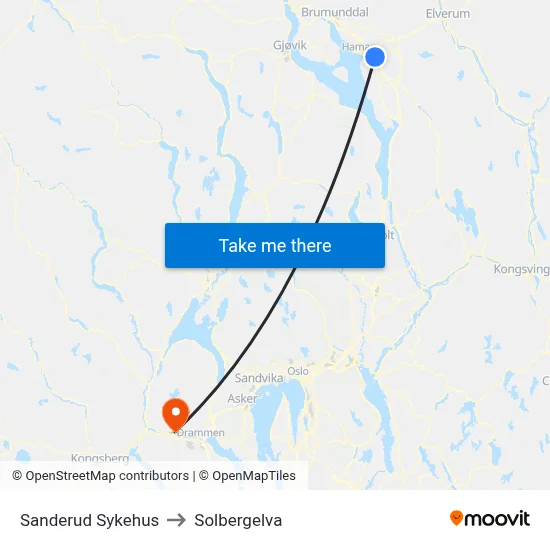 Sanderud Sykehus to Solbergelva map
