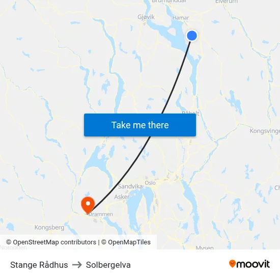 Stange Rådhus to Solbergelva map