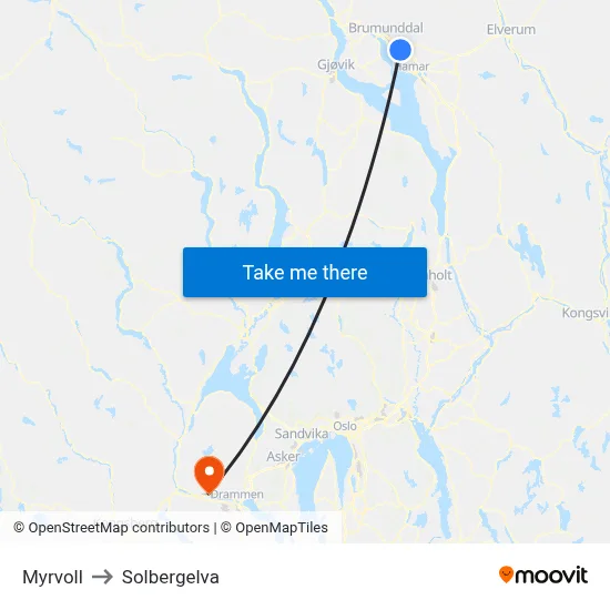 Myrvoll to Solbergelva map