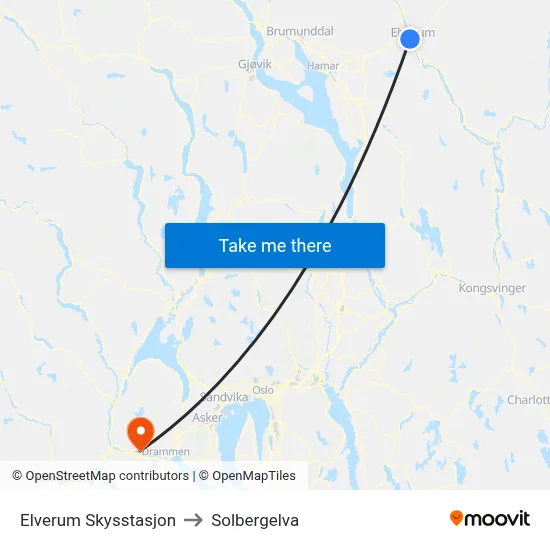 Elverum Skysstasjon to Solbergelva map