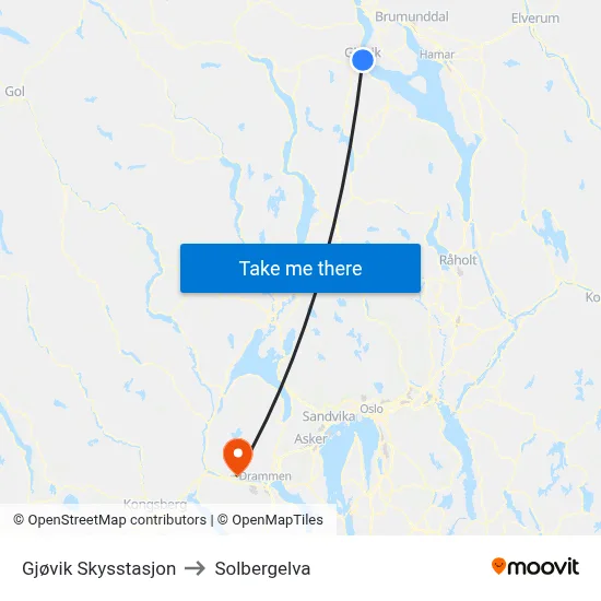 Gjøvik Skysstasjon to Solbergelva map