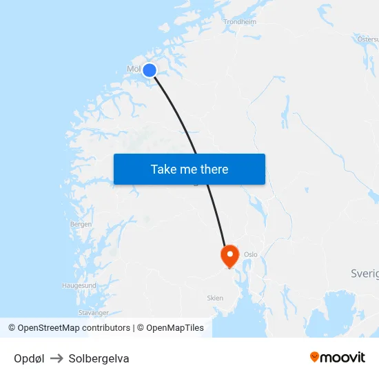 Opdøl to Solbergelva map