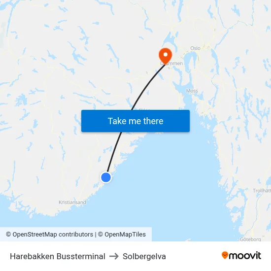Harebakken Bussterminal to Solbergelva map