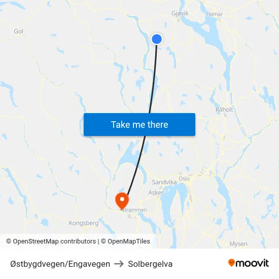 Østbygdvegen/Engavegen to Solbergelva map