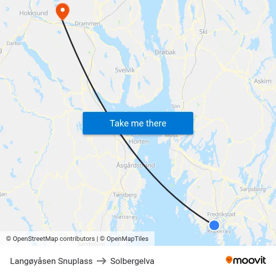 Langøyåsen Snuplass to Solbergelva map