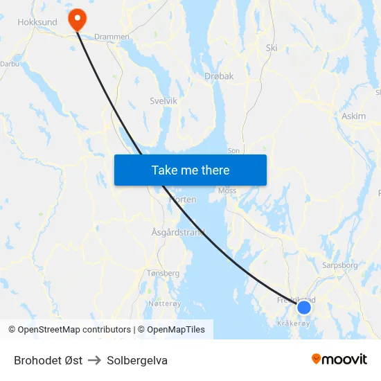 Brohodet Øst to Solbergelva map