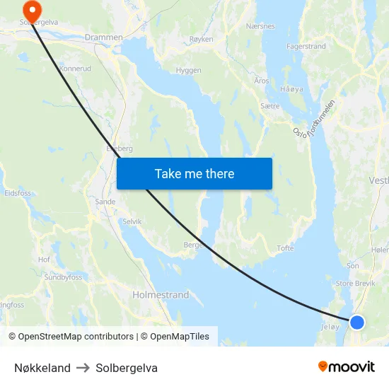 Nøkkeland to Solbergelva map