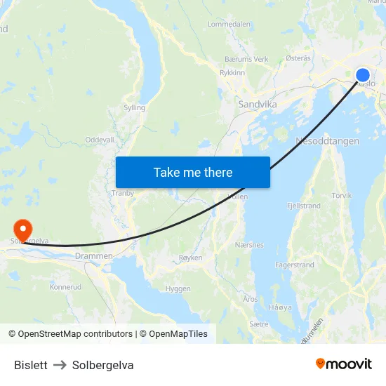 Bislett to Solbergelva map