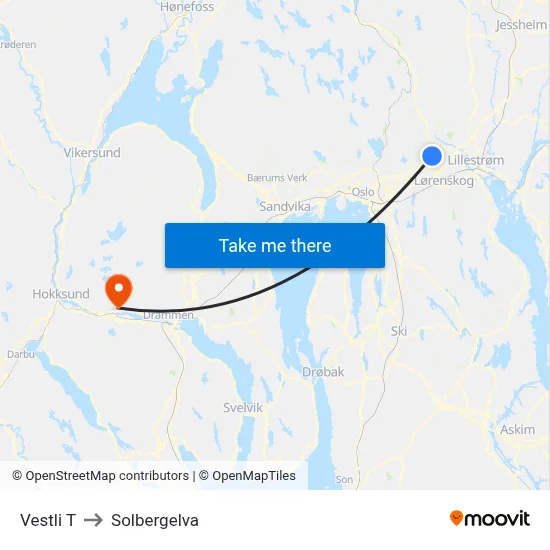 Vestli T to Solbergelva map