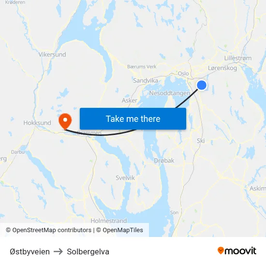 Østbyveien to Solbergelva map