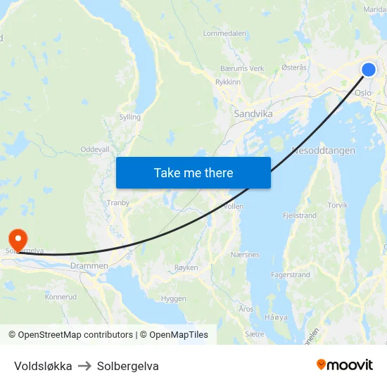 Voldsløkka to Solbergelva map