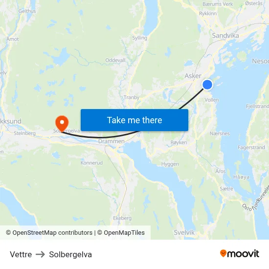 Vettre to Solbergelva map