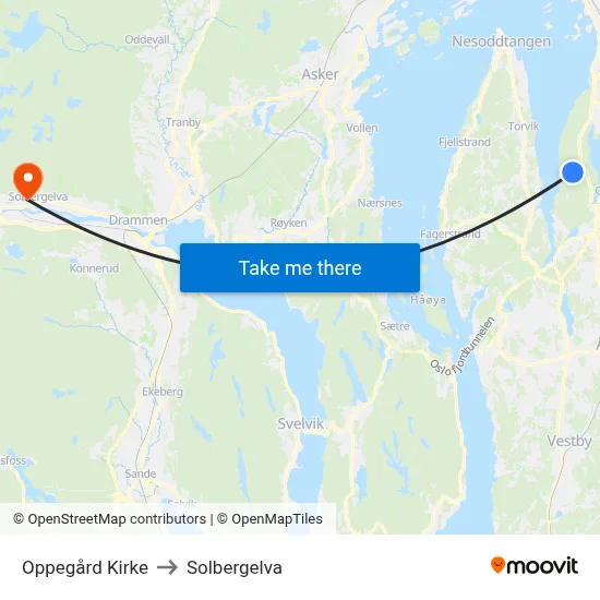 Oppegård Kirke to Solbergelva map