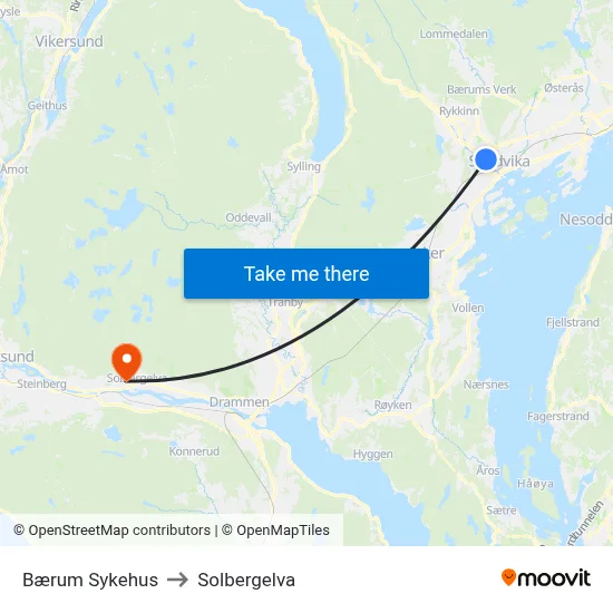Bærum Sykehus to Solbergelva map