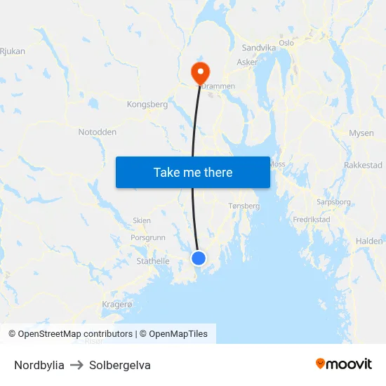 Nordbylia to Solbergelva map