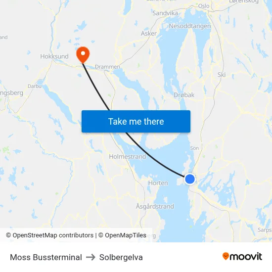 Moss Bussterminal to Solbergelva map