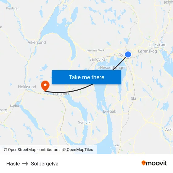 Hasle to Solbergelva map