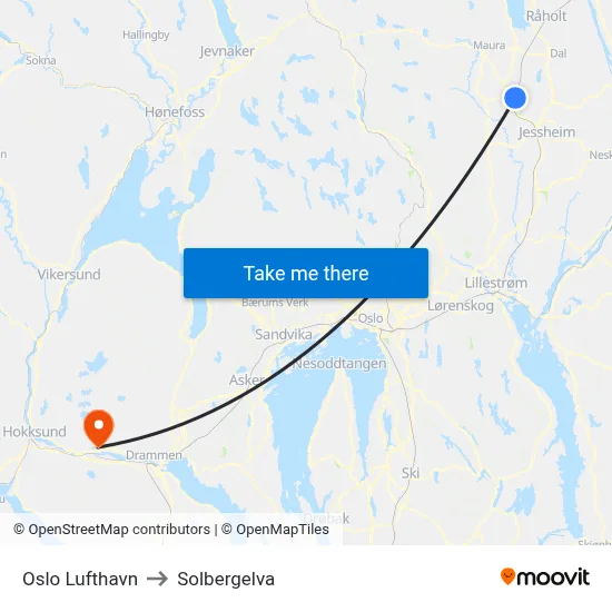 Oslo Lufthavn to Solbergelva map