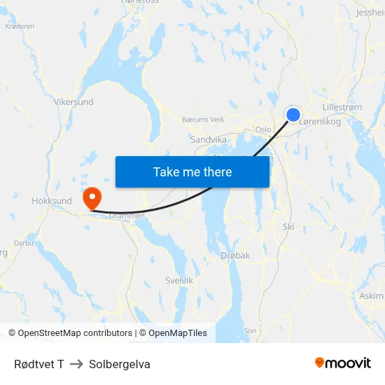 Rødtvet T to Solbergelva map