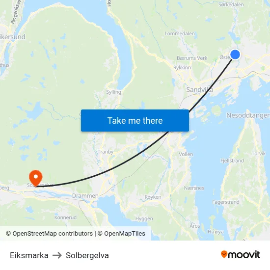 Eiksmarka to Solbergelva map