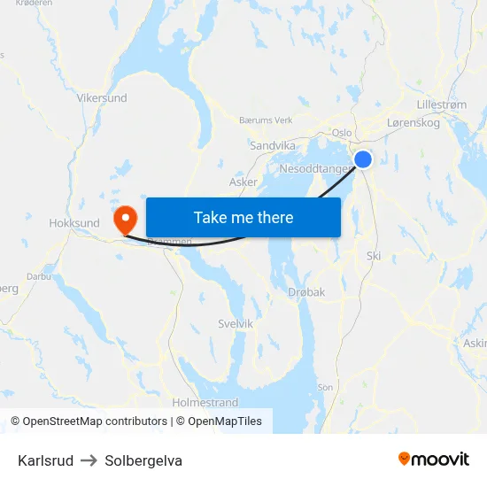 Karlsrud to Solbergelva map