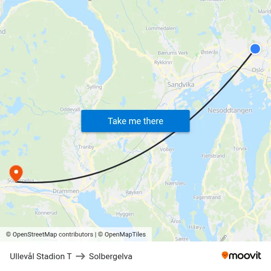 Ullevål Stadion T to Solbergelva map