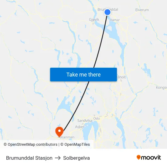 Brumunddal Stasjon to Solbergelva map