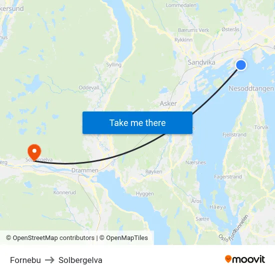 Fornebu to Solbergelva map