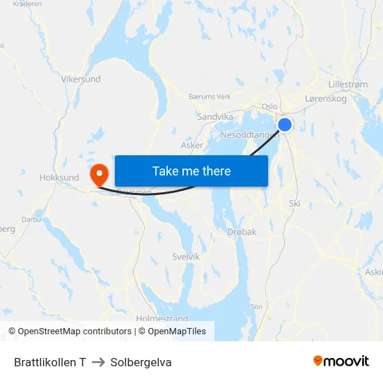 Brattlikollen T to Solbergelva map