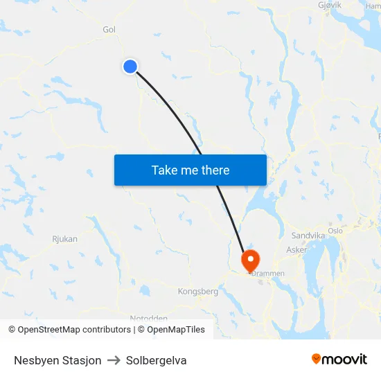 Nesbyen Stasjon to Solbergelva map