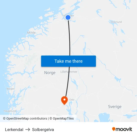 Lerkendal to Solbergelva map