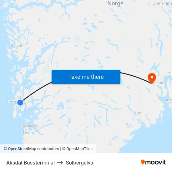 Aksdal Bussterminal to Solbergelva map