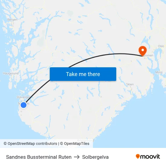 Sandnes Bussterminal Ruten to Solbergelva map