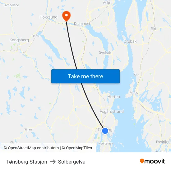 Tønsberg Stasjon to Solbergelva map