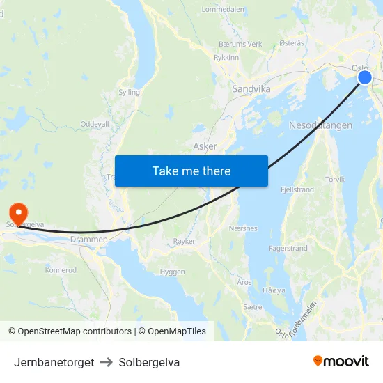 Jernbanetorget to Solbergelva map