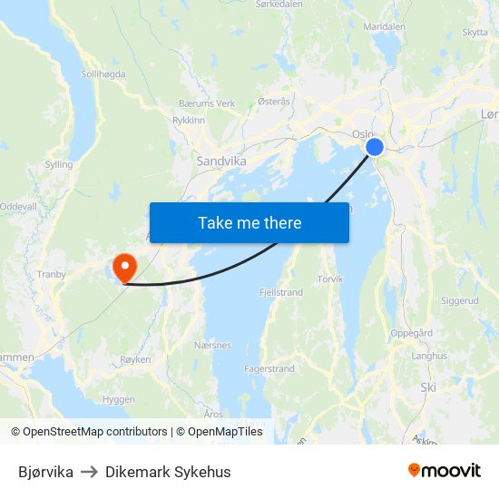 Bjørvika to Dikemark Sykehus map