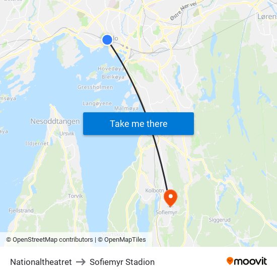 Nationaltheatret to Sofiemyr Stadion map