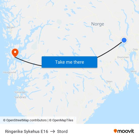 Ringerike Sykehus E16 to Stord map