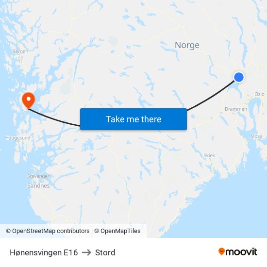 Hønensvingen E16 to Stord map