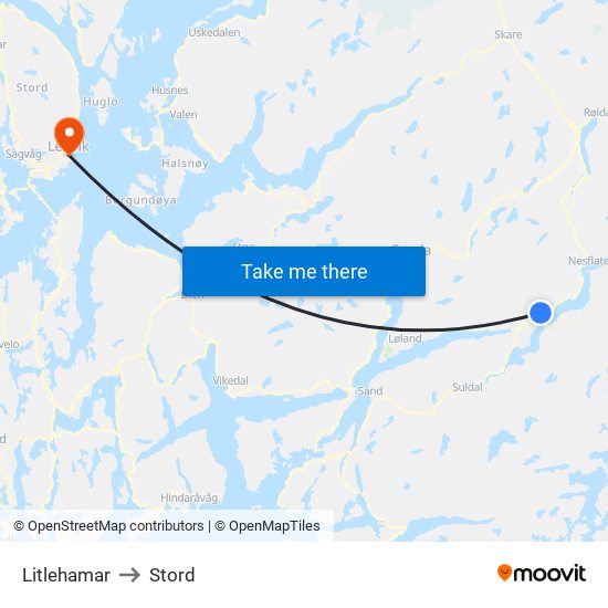 Litlehamar to Stord map