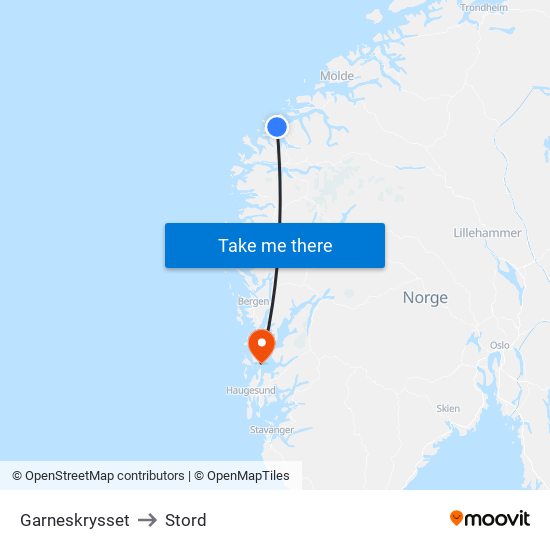 Garneskrysset to Stord map