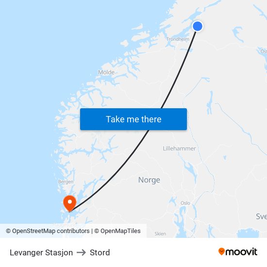 Levanger Stasjon to Stord map