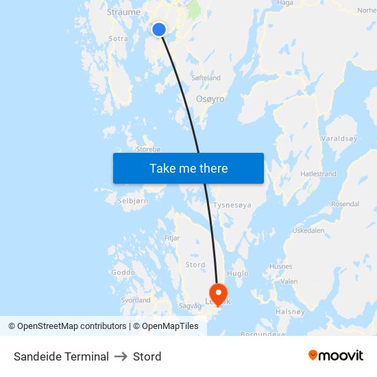 Sandeide Terminal to Stord map