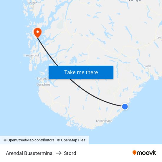 Arendal Bussterminal to Stord map