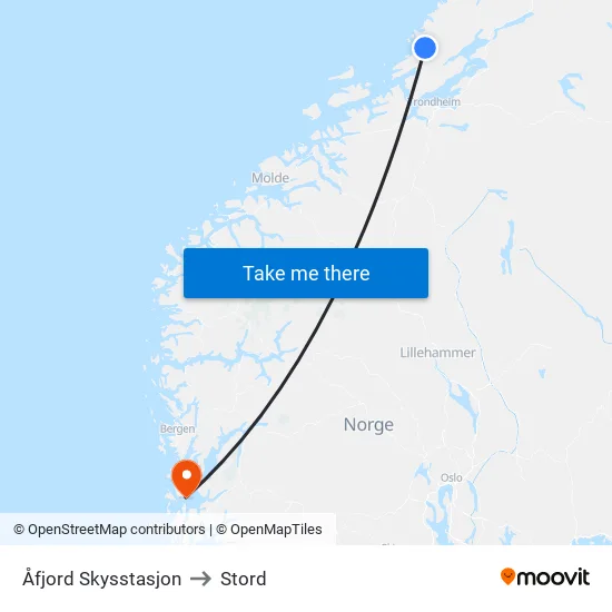 Åfjord Skysstasjon to Stord map
