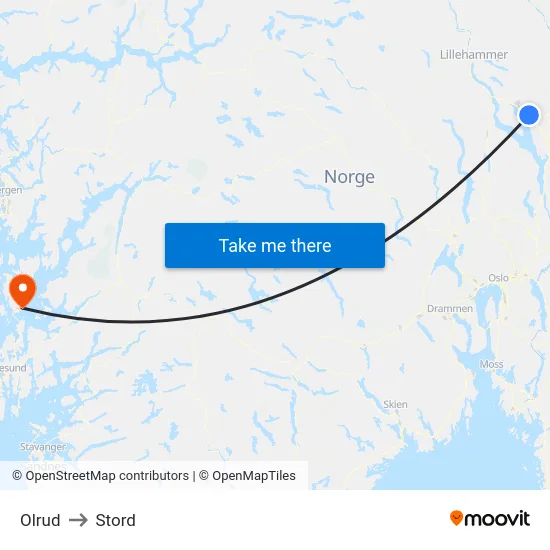 Olrud to Stord map